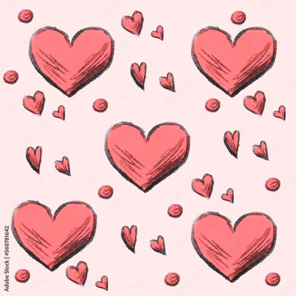 Red pink hearts as romantic cute sweet cartoon doodle pattern background wallpaper backdrop illustration for Valentine's Day love creative design