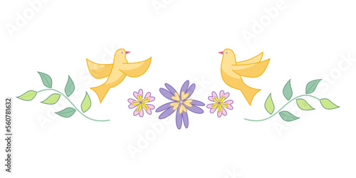 Floral decorative element with birds. Vector isolated color illustration in outline style.