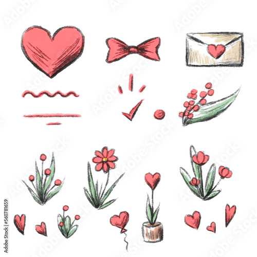 Set of romantic pink cute elements, doodles like heart, flowers and plants, cartoon icons for Valentine's Day design, hand drawn like illustration