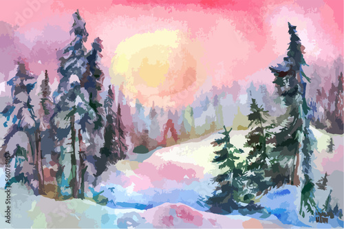 Forest winter landscape. In gray tones. A tracing image of a watercolor drawing. Vintage Christmas card. Template, background.