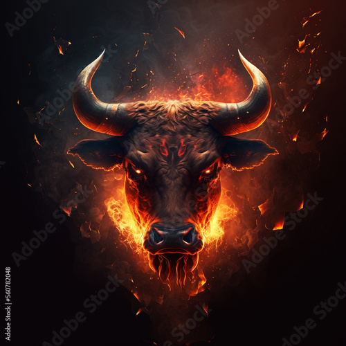angry bull head with fire