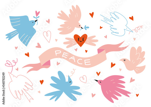 Various pigeons flying around a ribbon with inscription. Dove of peace and freedom, cartoon style. Trendy modern vector illustration isolated on white background, hand drawn, flat