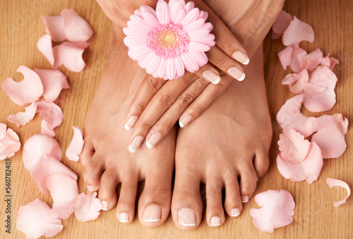 Relax  hands and feet of black woman with flower petals for luxury cosmetic treatment with manicure and pedicure nails. Healthy skincare of girl with daisy for beauty spa and wellness zoom.