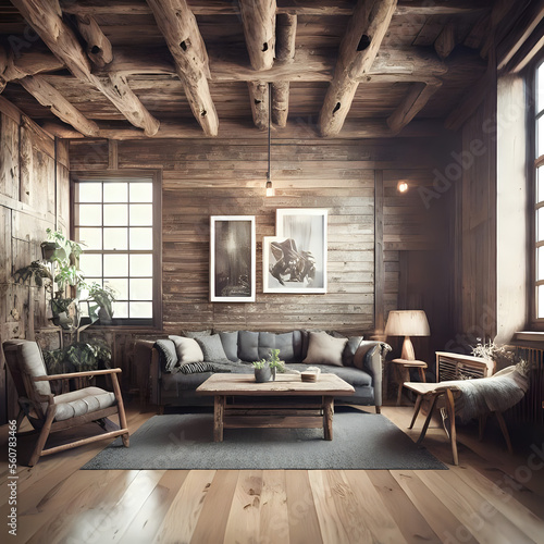 rustic living room with furniture generative AI © Pexla