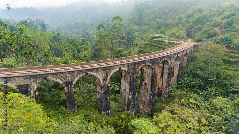 Aerial view of famous Nine Arches Bridge of Sri Lankan railway.  The surrounding area has seen a steady increase of tourism due to the bridge's architectural ingenuity.