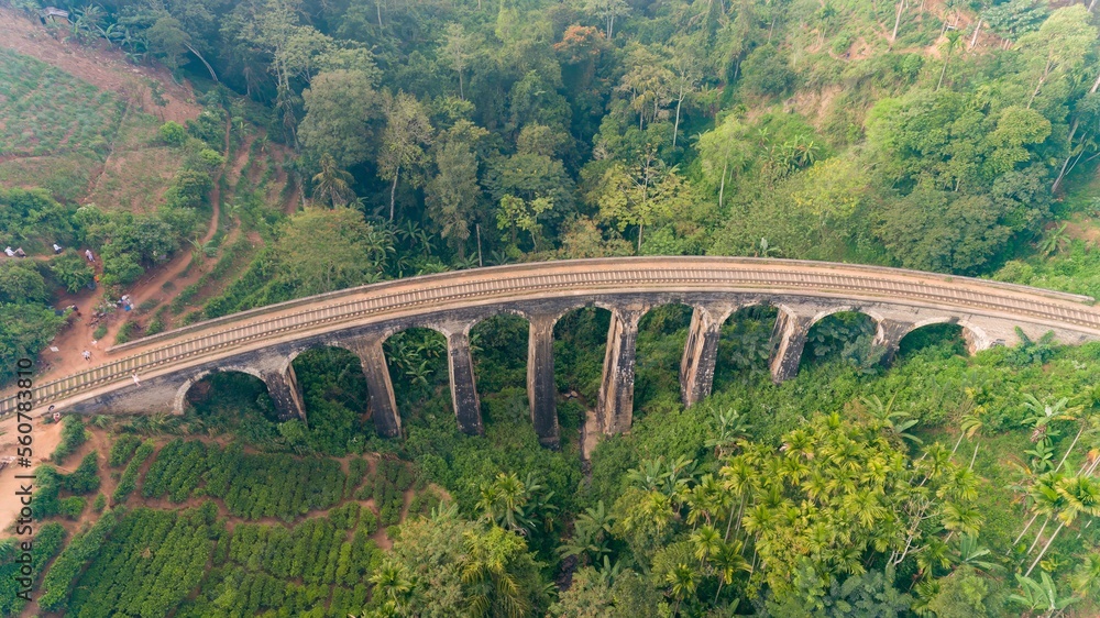 Aerial view of famous Nine Arches Bridge of Sri Lankan railway. A viaduct bridge located Demodara, between Ella and Demodara railway stations. 