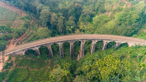 Aerial view of famous Nine Arches Bridge of Sri Lankan railway. A viaduct bridge located Demodara, between Ella and Demodara railway stations. 