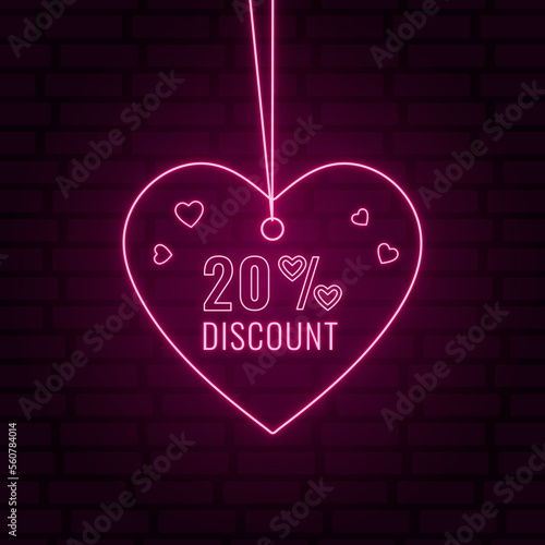 20 percent discount or off neon sign in a heart shape label. Valentine day discount lighting design.