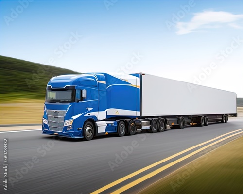 Massive truck transports goods on highway. 