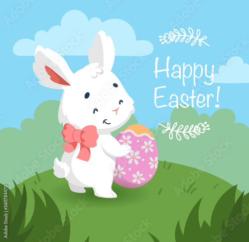 Happy easter card with cute white bunny and easter egg on a green meadow. Cartoon character rabbit.