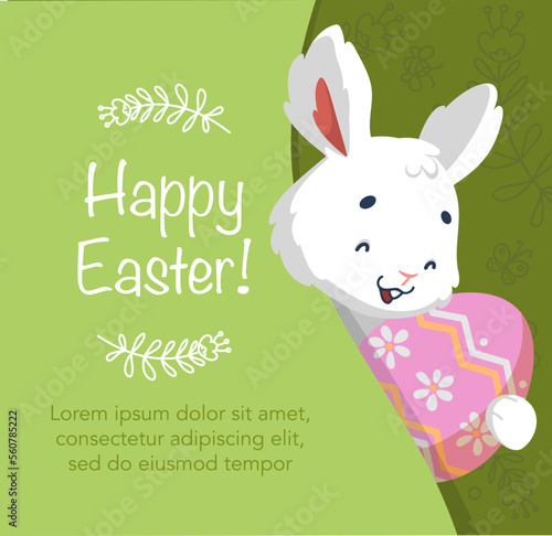 Happy easter card with cute white bunny and easter egg. Cartoon character rabbit.