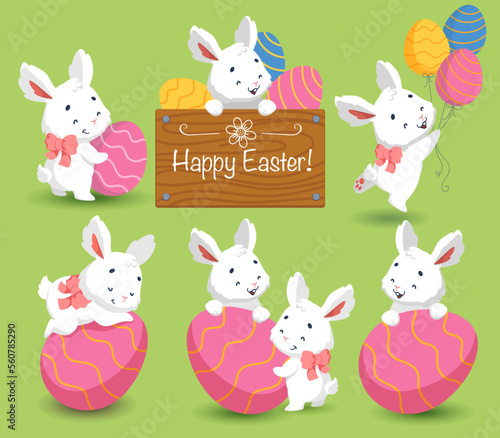 Happy Easter greeting card with cute white bunny and eggs. Rabbit character set.