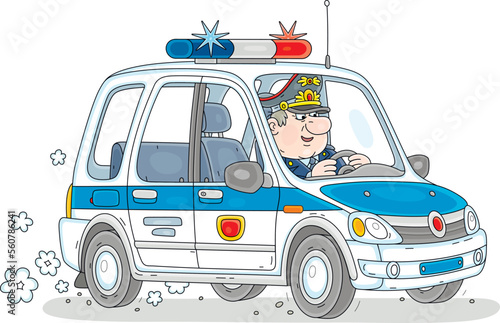 Traffic policeman driving a police car while patrolling on a highway, vector cartoon illustration isolated on a white background