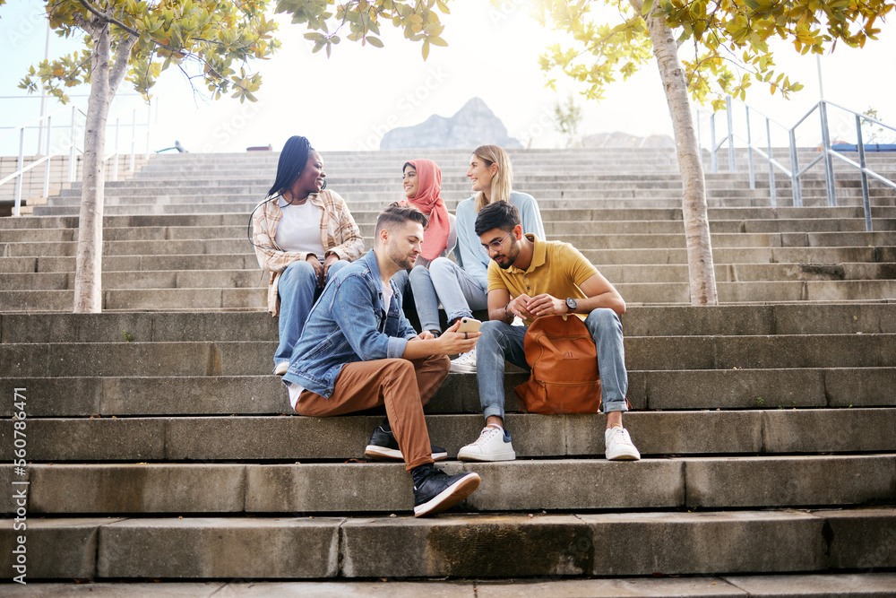 Relax, phone or students on steps at lunch break talking or speaking of future goals or education on campus. Social media, school or happy friends in university or college bonding in fun conversation Relax, phone or students on steps at lunch break talking or speaking of future goals or education on campus. Social media, school or happy friends in university or college bonding in fun conversation