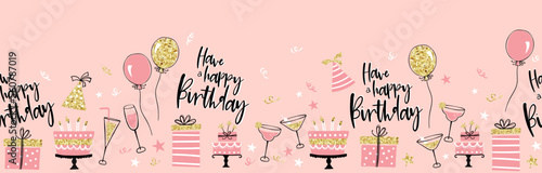 Fun hand drawn party seamless background with cakes, gift boxes, balloons and party decoration. Great for birthday parties, textiles, banners, wallpapers, wrapping - vector design