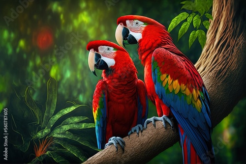 Red macaw parrots in love perched on a tree. Generative AI