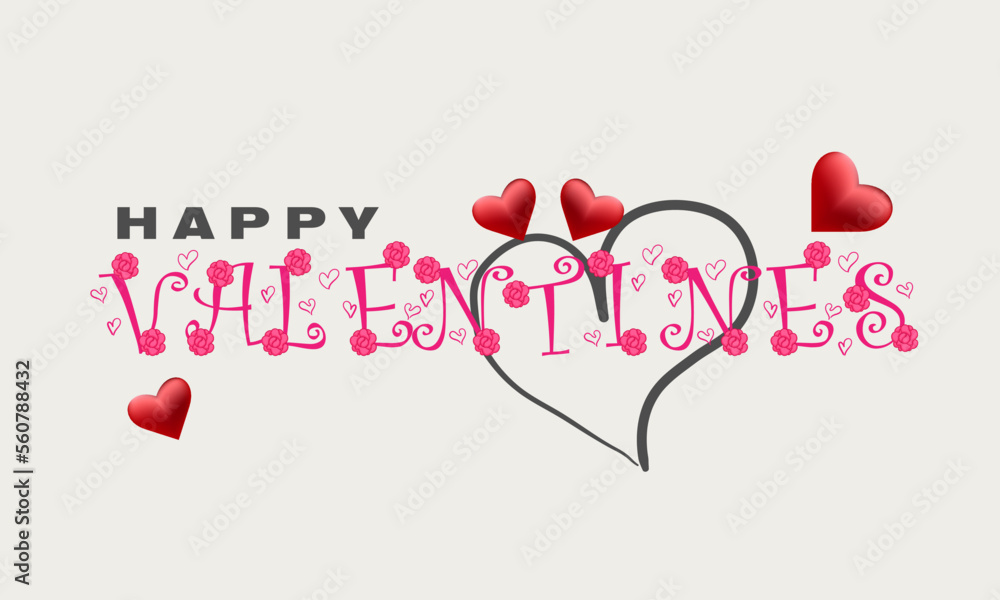 typography with flowers and hearts, pink color, suitable for decoration, valentine's day.