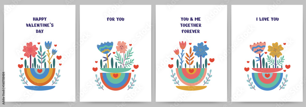 Set of greeting cards Happy Valentine's Day, invitations, declaration of love. Rectangular templates with flowers, rainbow, hearts, text. Vector illustration isolated on white background.