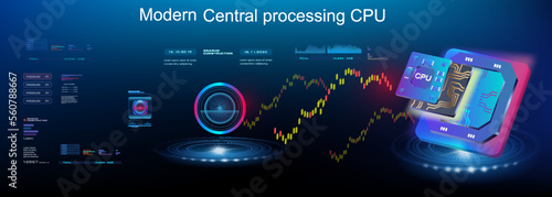 Presentation new processor for computer. Microprocessor on futuristic background with HUD elements. Concept banner. Development of computer technologies and digital electronic devices