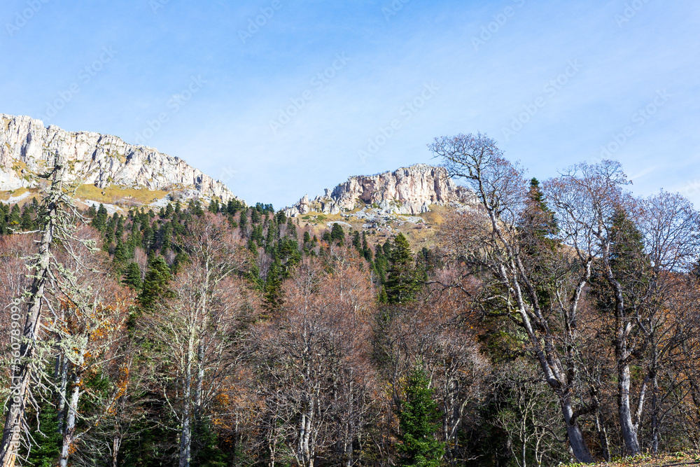Autumn morning in a mountainous area, a panorama of mountains in a blue haze and the rising sun.* Autumn morning in a mountainous area, a panorama of mountains in a blue haze and the rising sun.*