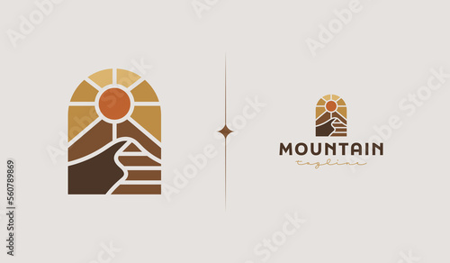 Mountain and Sun Rays, Mount Peak Hill Nature Landscape view for Adventure Outdoor logo template
