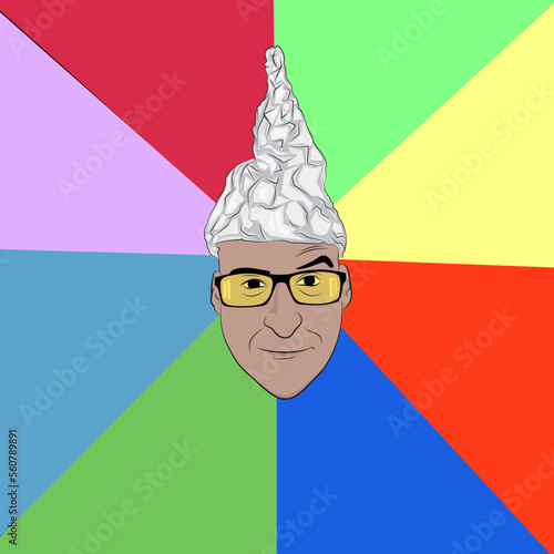 Meme, conspiracy person with aluminum pyramid cap and yellow glasses.