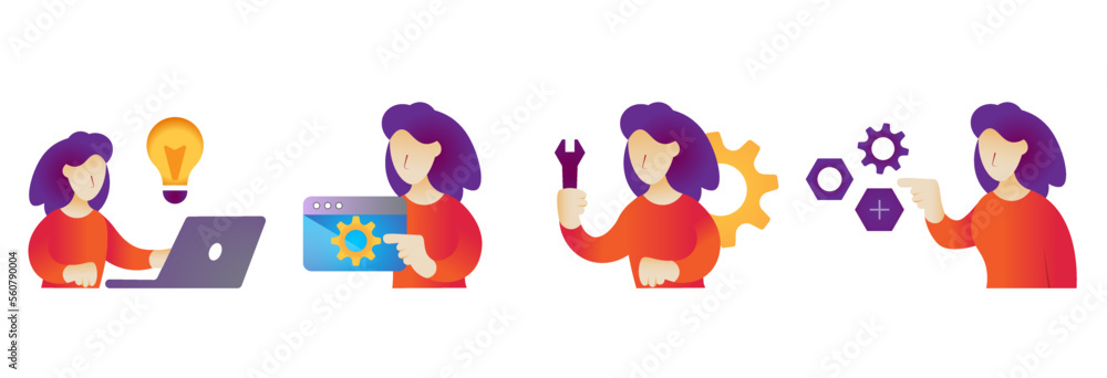 Set of 4 Design, Engineering concepts (solution, testing, troubleshooting, mechanics) clean colorful vector illustration design. Version 2. Set of 4 Design, Engineering concepts (solution, testing, troubleshooting, mechanics) clean colorful vector illustration design. Version 2.