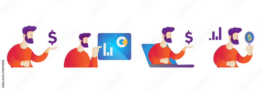 Fototapeta premium Set of 4 Economy, finance concepts (Stock trading, online commerce, market research, business charts) clean colorful vector illustration design. Version 1.