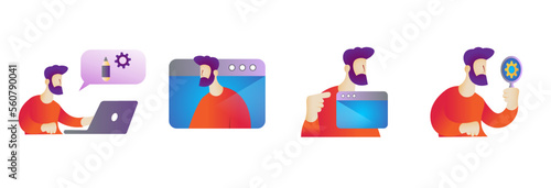 Set of 4 App development, IT concepts (App design, testing, debugging, QA, App) clean colorful vector illustration design. Version 1.