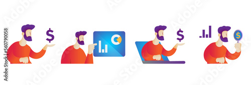 Set of 4 Economy, finance concepts (Stock trading, online commerce, market research, business charts) clean colorful vector illustration design. Version 1.