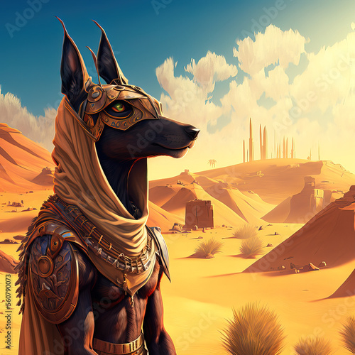 Anubis god of dead. Ancient Egyptian mythological with head of canine jackal in front of pyramids of Egypt. Generative AI