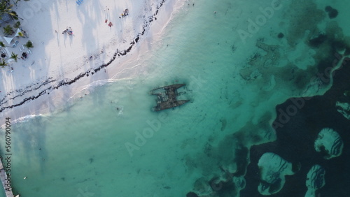 View of the sunken catamaran from the drone, Punta Cana 