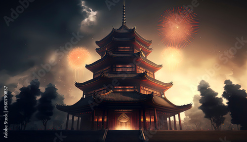 chinese new year illustration, fireworks in the sky, pagoda background, chinese pagoda and fireworks in the sky