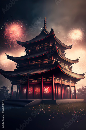 chinese pagoda, Chinese-style building chinese pagoda background with fireworks in the sky