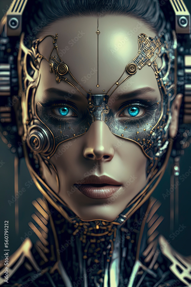 woman's face with a futuristic head and body woman's face with a futuristic head and body