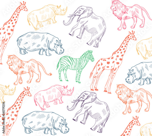 Savanna animals sketch pattern design. Hand drawing suitable for printing. Rhino,Giraffe,Hippo,Elephant,Lion,Zebra