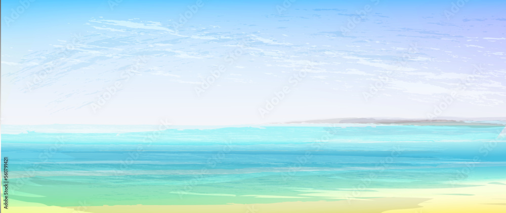 Ocean view banner, coast line  background in turquoise and pastel colours. Vector illustration, concept for card, poster, flyer, print.