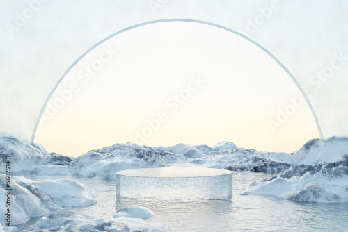 Abstact 3d render platform background, ice podium on ice river with glass arch and ice snow mountain for product display advertising cosmetic beauty products or skincare with empty round stage