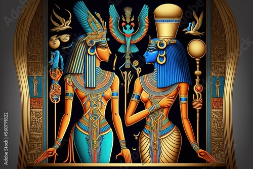 Thoth and Hathor, two Egyptian deities. Features of religion and culture from a long time ago. Generative AI