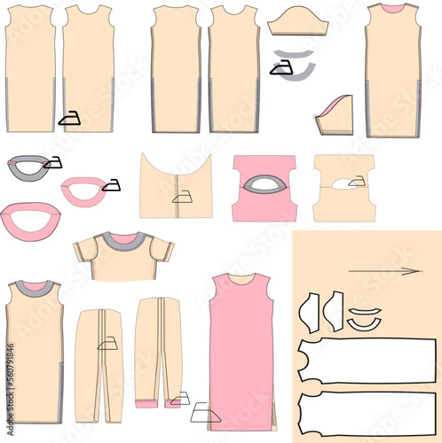 Clothing design elements. Detailed vector drawing of the dress. Technological sequence of tailoring T-shirts. Stitching and processing of sleeves and a mouth. Sewing themes.