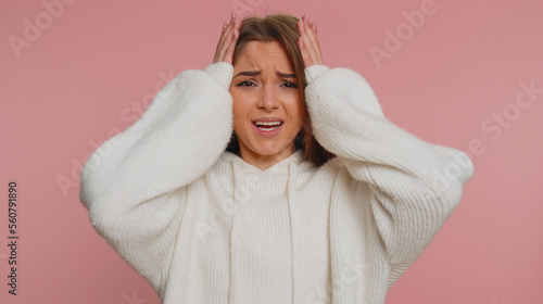 Obraz na plátně Young pretty woman feeling hopelessness loneliness, nervous breakdown, loses becoming surprised by lottery results, bad fortune, loss, unlucky news