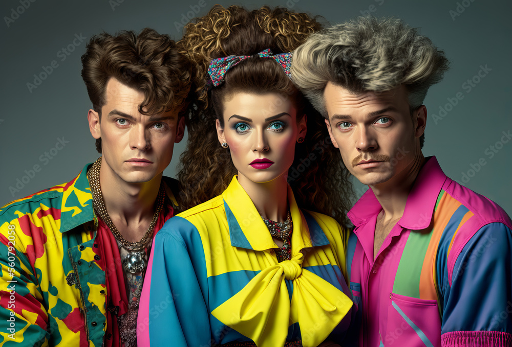 1980s Vintage Fashion Portrait Man And Woman Group With Retro 80 s 