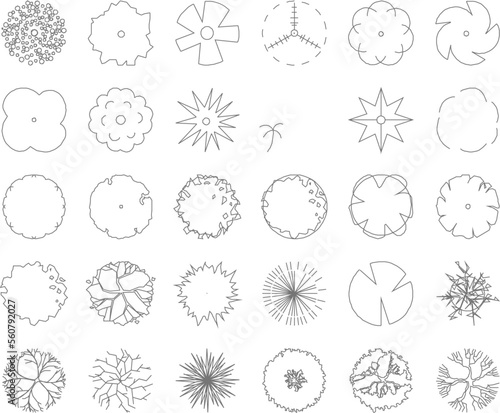 collection of minimalistic black and white tree illustration vector sketch designs viewed from above