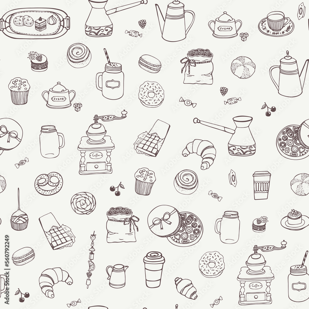 Coffee Breakfast cafe vector seamless pattern.
