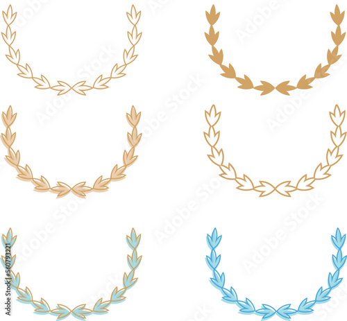 Set of six golden and blue circular laurels, linear and solid. Depicting an award, achievement, heraldry, nobility. Vector illustration.