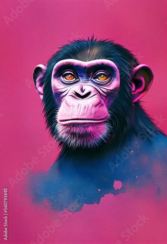 Funny adorable portrait headshot of cute chimpanzee. African land animal standing facing front. Looking to camera. Watercolor imitation illustration. AI generated vertical artistic poster. © Vector Juice