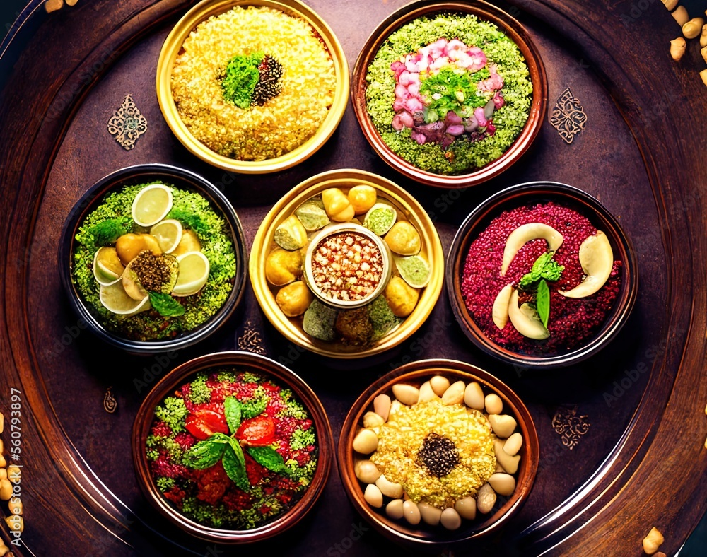 Tiny plates of persian and arabic food, tajines, taboule, couscous, mint and other ramadan meals