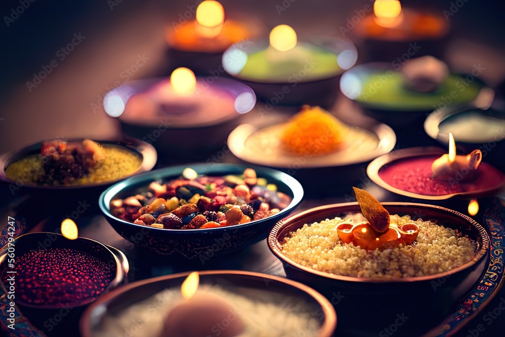 Tiny plates of persian and arabic food, tajines, taboule, couscous, mint and other ramadan meals