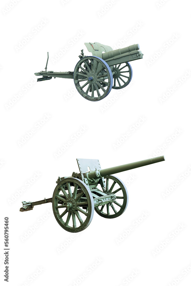 Fototapeta premium two ancient iron cannons on wheels isolated on white background