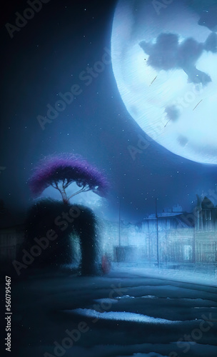 Night landscape, big moon and tree- Created with Generative AI Technology